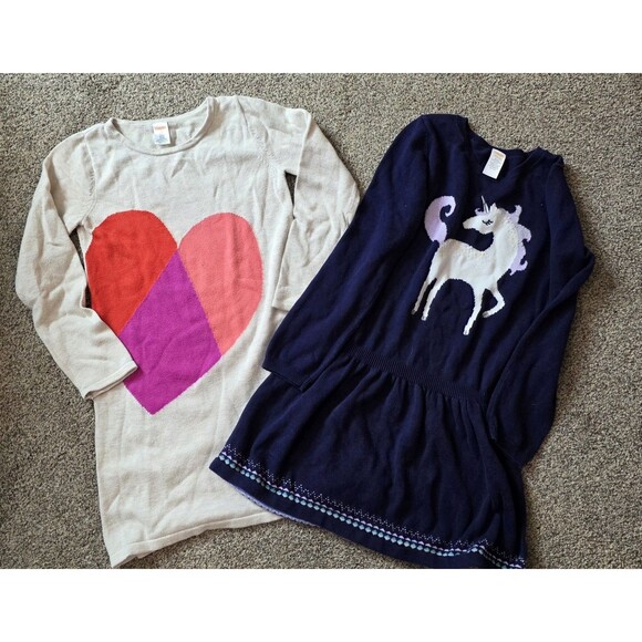 Gymboree Size 10 Lot Of 2 Sweater Dresses Long Sleeve Heart Unicorn Winter - Picture 1 of 9